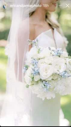 a bride holding a bouquet of white and blue flowers