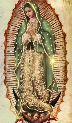 an image of the virgin mary in gold and green