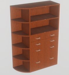 an empty wooden shelf with drawers on it