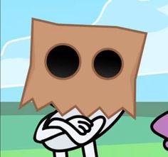 a cartoon character with big eyes and a brown box on his head, standing in front of a green field