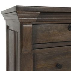 a wooden dresser with two drawers and one drawer open on the bottom shelf, against a white background