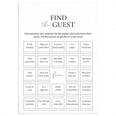 Icebreaker Bingo Find The Guest Printable by LittleSizzle Engagement Party Bingo, Wedding Table Icebreakers, Bingo Event, Icebreaker Bingo, Wedding Anniversary Party Games, Mingle Bingo, Find The Guest Game, Western Disco, Birthday Bingo