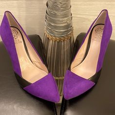 Purple Suede And Black Leather Vince Camuto Heels With Sleek Silver Strip Highlighting The Outer Trimming Of The Heel. New Without The Box Very Fashionable With The Right Outfit. I Can No Longer Wear Closed-Toe Pointy Shoes Since Breaking A Toe. Size 8 With 4 Inch Heels Make An Offer. Chic Purple Heels For Night Out, Chic Purple Heels For A Night Out, Purple Suede Evening Heels, Purple Suede Heels For Evening, Elegant Purple Heels For Night Out, Elegant Purple Heels For A Night Out, Purple Suede High Heel Heels, Purple Suede High Heels, Purple Round Toe Heels For Office