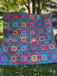 a colorful quilt sitting on top of a green grass covered field next to a tree