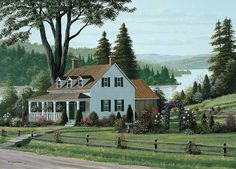 a painting of a white house in the country