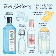 an image of different types of gin and tonic bottles with labels on the front, side, and top