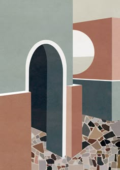 an abstract painting with different colors and shapes, including a doorway in the center surrounded by rocks