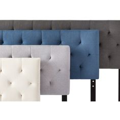 four different colored upholstered headboards with black metal legs and buttons on each side