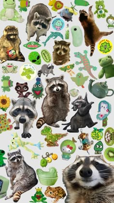 a bunch of stickers that are on the back of a cell phone, including raccoons and other animals