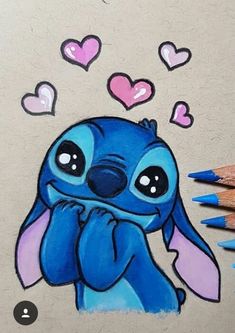 a drawing of stitchy with hearts coming out of it's eyes and ears