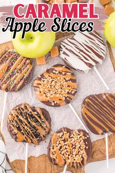 caramel apple slices on a cutting board with apples in the background and text overlay