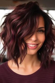 Choose deep burgundy shag with a wavy texture for a classy, rich look. The shag hairstyle is of medium length, deep burgundy in color and wavy for a natural look and professionalism. Click here to check out more trending medium-length shag haircut ideas. Ash Brown Short Hair Balayage, Highlights For Red Brown Hair, Highlight For Graying Hair, Cute Short Fall Hairstyles, Best Colors For Short Hair, Short Medium Hairstyle Women Layers, Hair Color Burgundy Brown, Winter Hair Color For Medium Length, Medium Length Hair Fall 2024