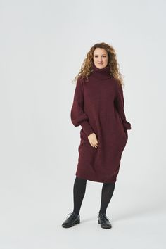 A stylish knitted tunic dress is a solution for your winter wardrobe. Seams are sewn with a sewing machine and handcrafted to give the best quality. We embraced minimalist aesthetics and blended comfort and style in one garment! Subtle tones, clean cuts, and high-quality yarns are built to last and make you look and feel at your best! The knitted fall/winter wool dress is a balloon-shaped style with a turtleneck. Full-length puff sleeves at the end with ribbed cuffs. The dress is a little bit oversized shape. Roll-neck knitted maxi dress is cut to hang on the body with a heavily ribbed neck.  FABRICS & CARE: Fabric: soft lambswool. This is probably the most amazing thing about Lambswool wool; it is naturally made to regulate your body temperature. It does so with the help of its fibers. De Knitted Winter Sweater, Winter Wool Dress, Winter Sweater Dresses, Winter Turtleneck, Woolen Dresses, Wool Sweater Dress, Sweater Dress Oversized, Loose Tunic, Winter Knit Sweater