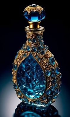 an ornate blue bottle with gold trimming