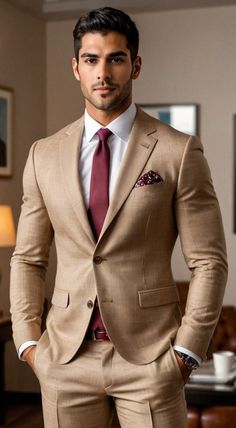 Elegant Beige Unstitched Suit For Formal Occasions, Bodybuilder Outfit, Tan Suits, Brown Two Piece, Mens Wedding Suits, Custom Tailored Suits, Groom Suits, Two Piece Suits, Tan Suit