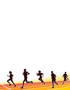 a group of people running on a track with the sun in the sky behind them