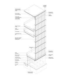 an architectural drawing shows the details of a tall building with several levels and sections labeled