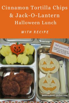 Cinnamon Sugar Tortilla Chips & Jack-O-Lantern Tortilla for Kids School Lunchbox. With Recipe. Halloween themed lunch.
#lunchboxidea #tortilla Flour Tortilla Chips, Planetbox Lunches, Pumpkin Shaped Cookies, Cinnamon Sugar Tortillas, Tortilla Chip Recipe, Halloween Lunch