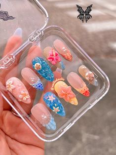 Tropical Vibes Almond Press Ons Nails /beachy Nails,fake Nails / Handmade Nails / 3D Nails Flowers /nails Art /sea Shells - Etsy Beige Nails With Flowers, Nail 3d Art, Cute 3d Nail Designs, Incapcilated Acrylic Nails, Press On Ideas, 3d Nail Ideas, Summer Nail Sets, Tropical Makeup Look, Tropical Acrylic Nails