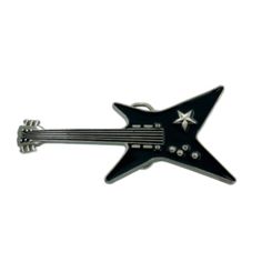 a black and silver guitar shaped keychain with an arrow on the neck,