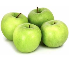 four green apples sitting next to each other