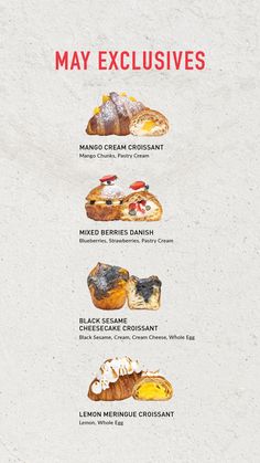 a poster with different types of pastries on it's sides and the words, may exclusives