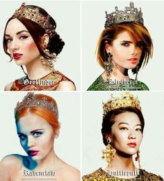 four different pictures of women wearing crowns and tiaras, with the words queen written on them