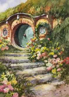 watercolor painting of a hobbot with flowers and steps leading up to it