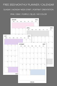 two calendars with the month planner on each side and one in pink, purple, and blue