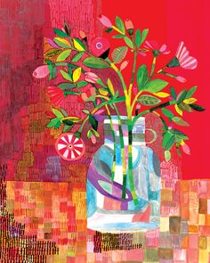 a painting of flowers in a vase with candy canes on the table next to it