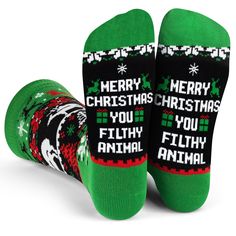 Step up your holiday sock game with these funny Christmas sweater style socks! These festive socks boast a classic Nordic sweater-style knit pattern featuring Christmas trees, presents, and a cheeky surprise if you look closely! On the bottoms, you'll find a saying that'll light up any Christmas movie buff: "Merry Christmas You Filthy Animal"! Looking for a fun stocking stuffer? These socks are the perfect gift for anyone with a great sense of humor. They'll love sporting them all season long - Novelty Christmas Gift Socks, Fun Christmas Gift Socks, Novelty Winter Socks For Gift, Novelty Winter Socks As Gift, Novelty Winter Socks For Gifts, Novelty Socks For Winter Gift, Green Novelty Socks For Winter, Sweet But Twisted, Funny Stocking Stuffers