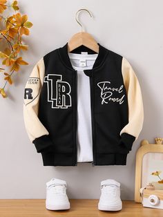 Black Casual Collar Long Sleeve Fabric Colorblock,Letter Bomber Embellished Slight Stretch  Toddler Boys Clothing Shirts For Teens Boys, Graphic Jackets, Shein Kids, Men Fashion Casual Shirts, Men Stylish Dress, Aesthetic Fits, Boys Clothes Style