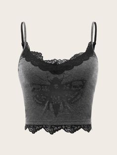 Cinza Casual Collar Tecido Halloween Suspensório Embellished Elasticidade Baixa Tops, blusas & camisetas para Mulheres Clubwear Outfits, Butterfly Skull, Lace Trim Cami Top, Insect Print, Lace Trim Cami, Swaggy Outfits, Tank Top Camisole