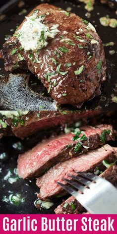 garlic butter steak is being cooked in a skillet