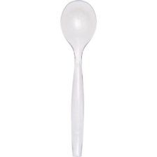 a white plastic spoon with a long handle on a white background, viewed from the side