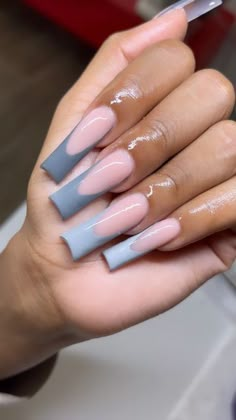 Different Shades Of Grey Nails, Grey French Tip Nails Coffin, Pink And Gray French Tip Nails, Grey And Pink French Tip Nails, Shades Of Grey Nails Acrylic, Gray Nails French Tips, Grey French Tips Nails, Light Grey Acrylic Nails Designs, Grey And White French Tip Nails