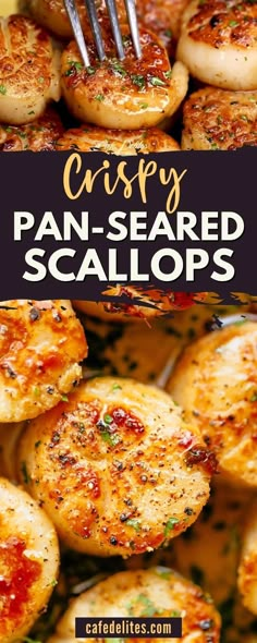 crispy pan - seared scallops on a plate with a fork in it