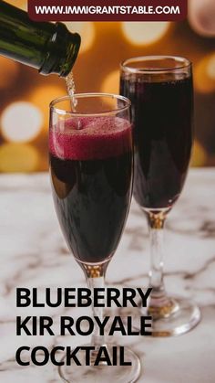 blueberry kir royale cocktail is being poured into two wine glasses with the words, blueberry kir royale cocktail