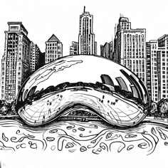 an ink drawing of a large object in the middle of a river with buildings behind it