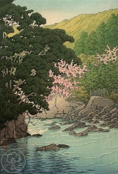 an image of a river with trees and rocks in the foreground, surrounded by mountains