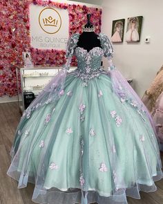 Sage quinceañera dress Blue And Green Quinceanera Dresses, Green And Purple Quince Dress, Princess Jasmine Quinceanera Dresses, Quinceñera Dresses Purple, Ariel Quinceanera Theme Dresses, Ariel Quinceanera Dress, Enchanted Forest Theme Quinceanera Dress Purple, Sage And Pink Quince Dress