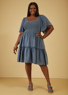 Our easygoing babydoll dress is designed in airy chambray with a flexible shirred bodice and flirty tiered skirt. Babydoll Dress Plus Size, Plus Size Spring Dresses, Plus Size Summer Dress, Trendy Dresses Summer, Plus Size Trendy, Plus Size Summer Dresses, Plus Size Spring, Plus Size Denim, Camp Wedding