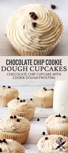 chocolate chip cookie dough cupcakes with white frosting