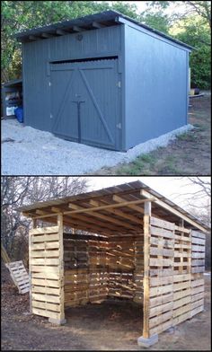 two pictures side by side one has a shed and the other has an outhouse