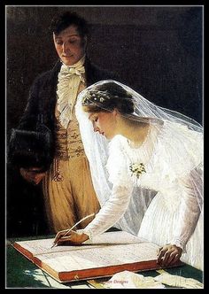 a painting of a bride and groom signing their marriage vows in front of an official