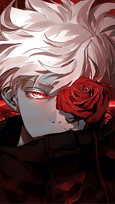 an anime character with white hair and blue eyes holding a rose in his hand while staring at the camera