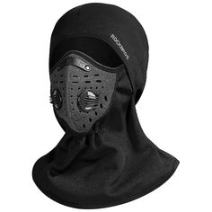 a black ski mask is shown with the hood up and it's face covered