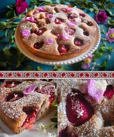 two pictures of a strawberry pie with powdered sugar on top and fresh strawberries in the middle