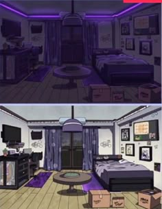 two pictures of a bedroom with purple lighting