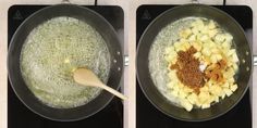 two pictures showing the process of cooking apples and cinnamon in a skillet with a wooden spoon